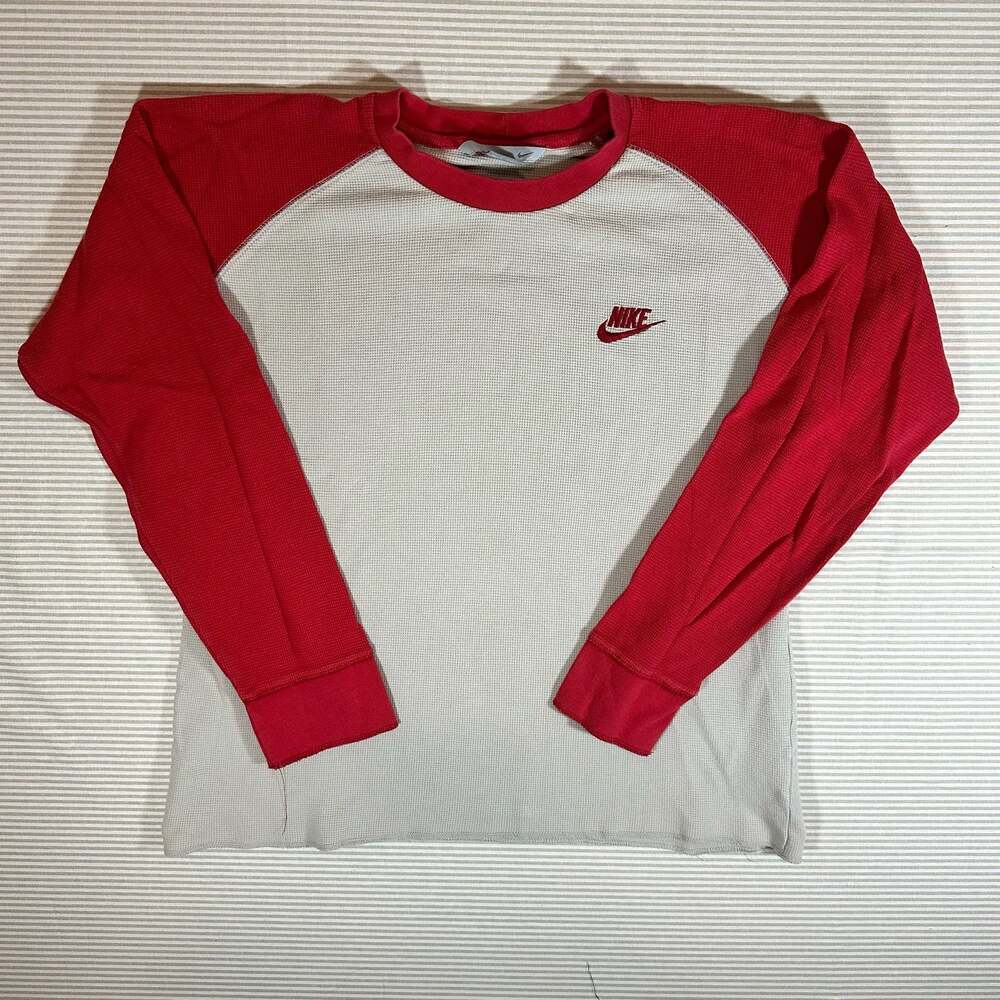 Vintage Nike Waffle Knit Long Sleeve Thermal Raglan Shirt Size XL Red Gray